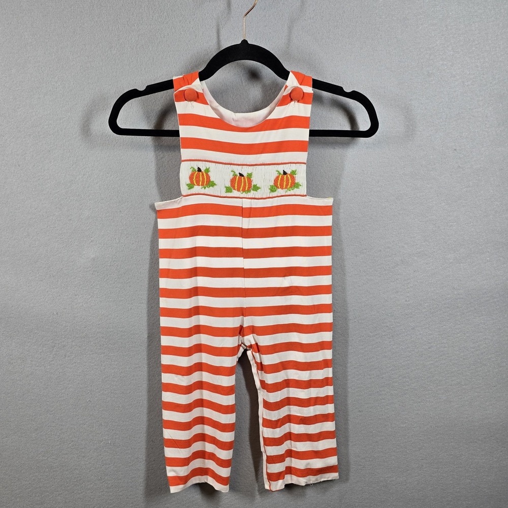 Babeeni Pumpkin Smocked Romper 3T Orange White Stripe Cotton Fall‎ Outfit